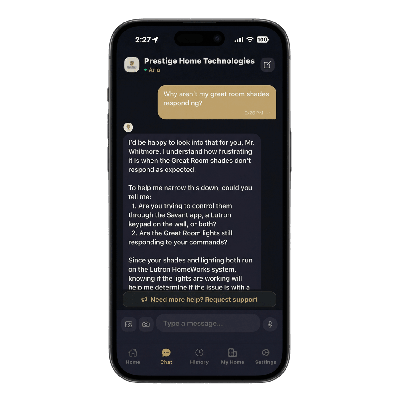 Resolve AI chat interface showing step-by-step smart home troubleshooting for living room speakers that are not working