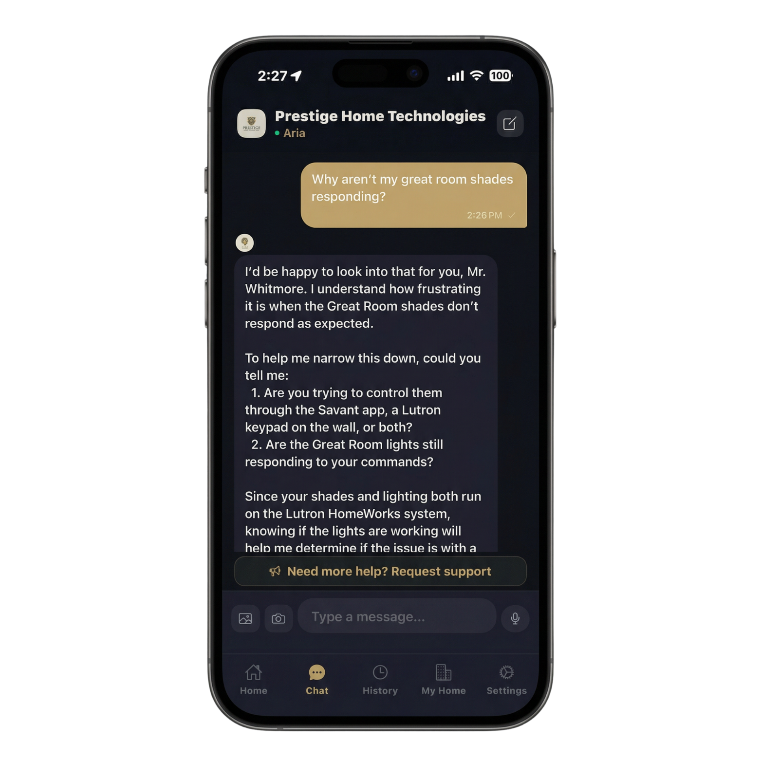 Resolve AI chat interface showing step-by-step smart home troubleshooting for living room speakers that are not working