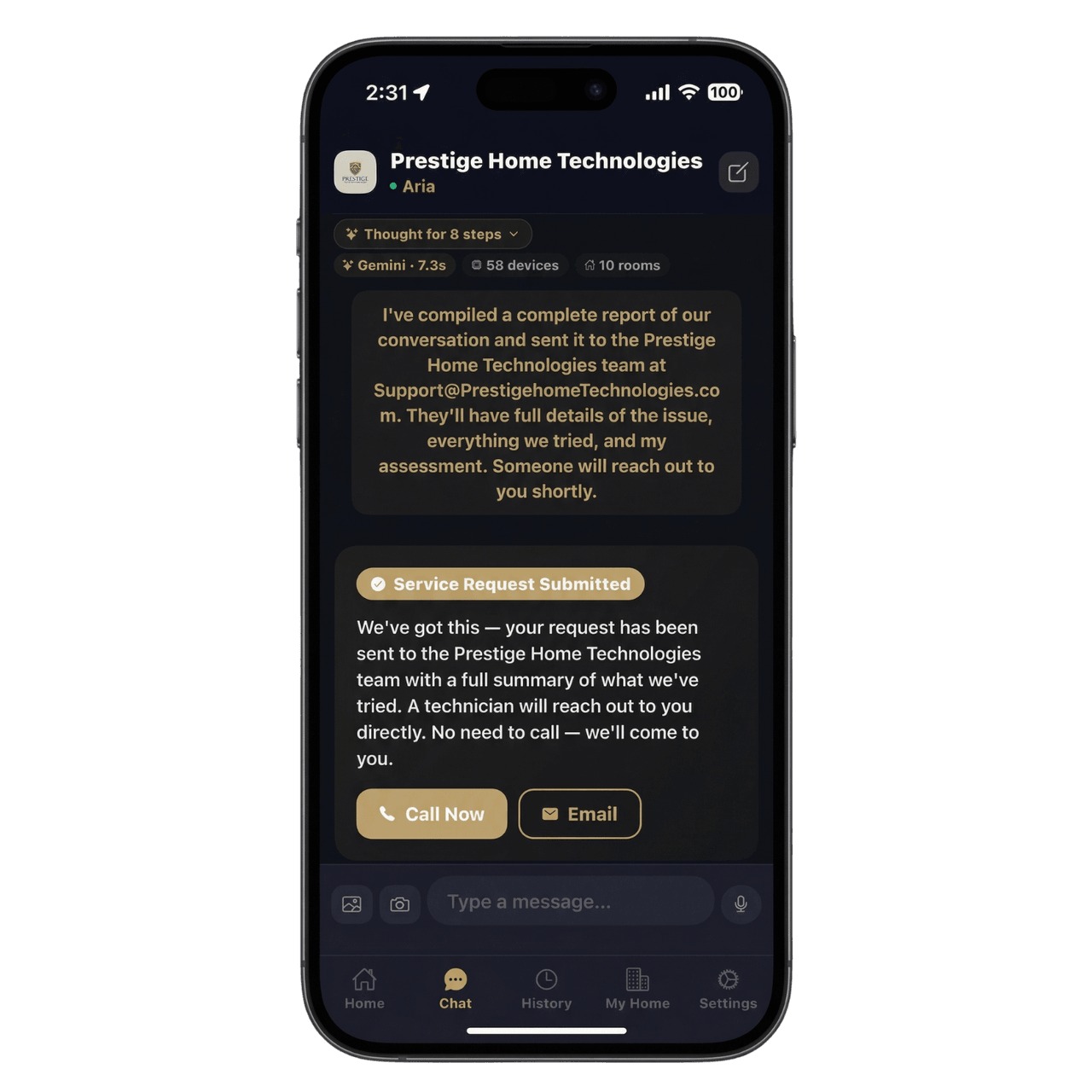 Resolve service request submitted screen sending a full troubleshooting brief to the integration company with call and email options