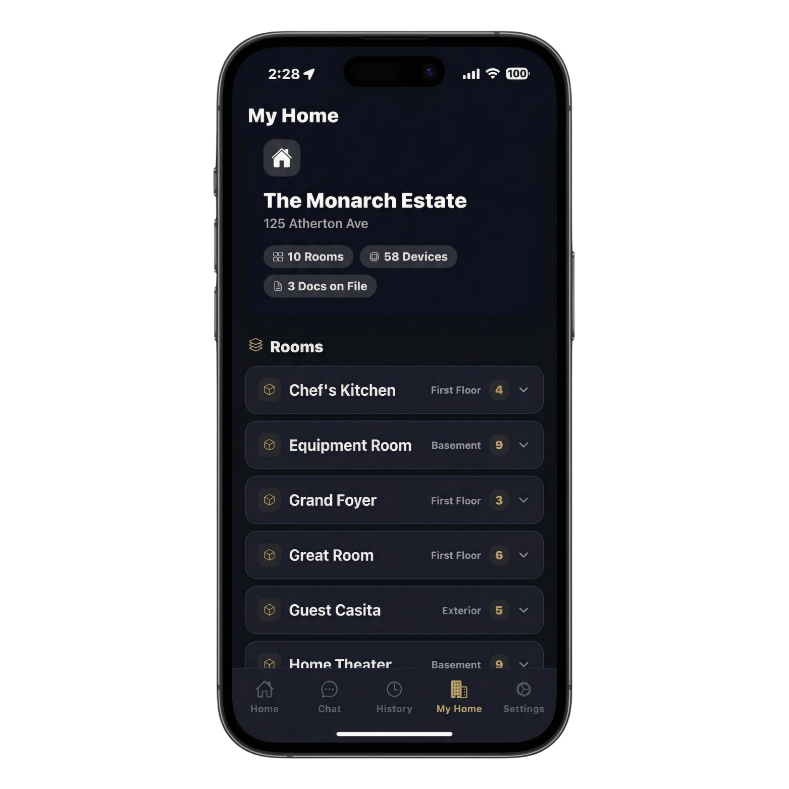 Resolve My Home tab mapping rooms, smart home devices, and documents for a luxury residence so the AI understands the whole home