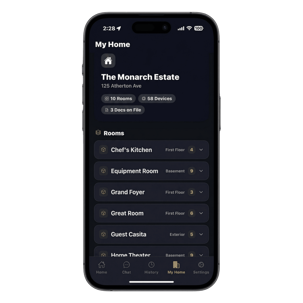 Resolve My Home tab mapping rooms, smart home devices, and documents for a luxury residence so the AI understands the whole home